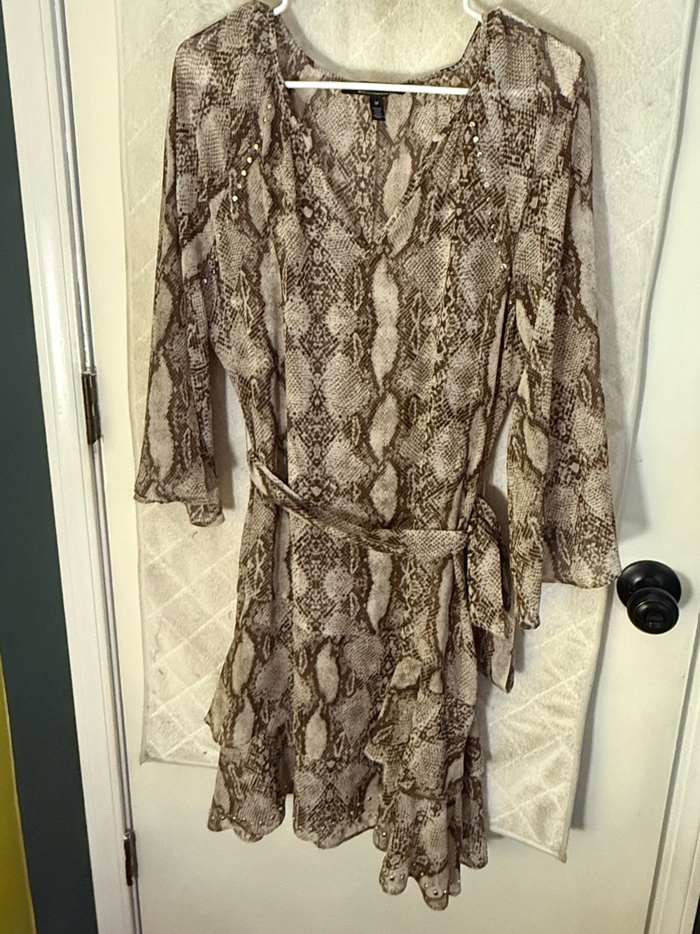White House Black Market Taupe and Cream Snake-Print Wrap Dress